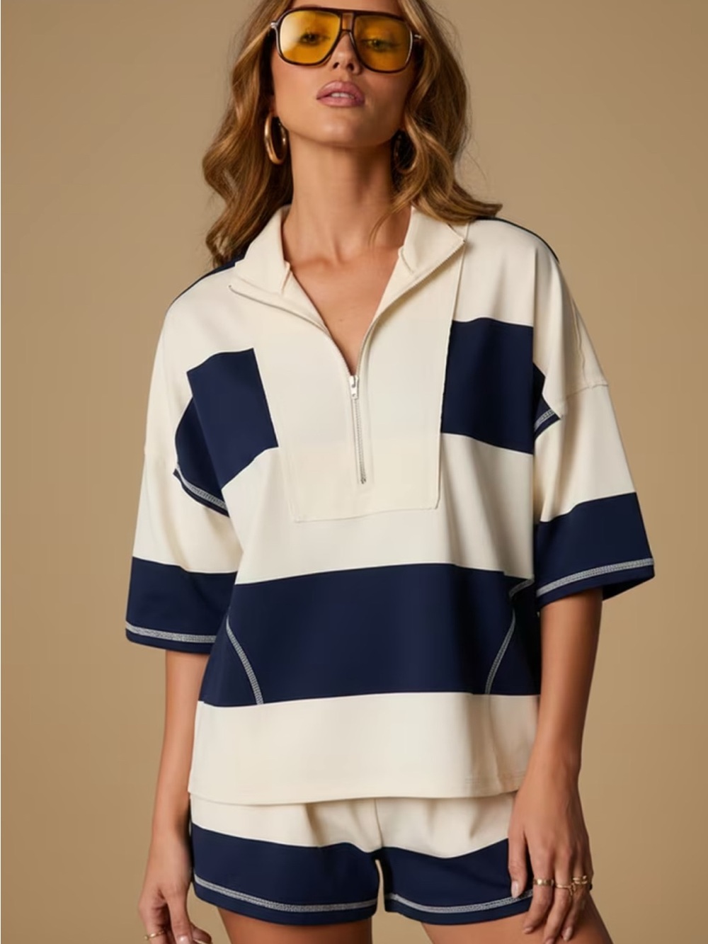 Coastal Navy Stripe Lounge Set Quarter Zip Top & Shorts - Picture 3 of 8